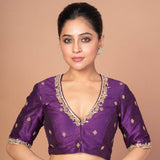 Purple Raw Silk Hand Embroidered Blouse with V Neckline and Elbow Sleeves image 2