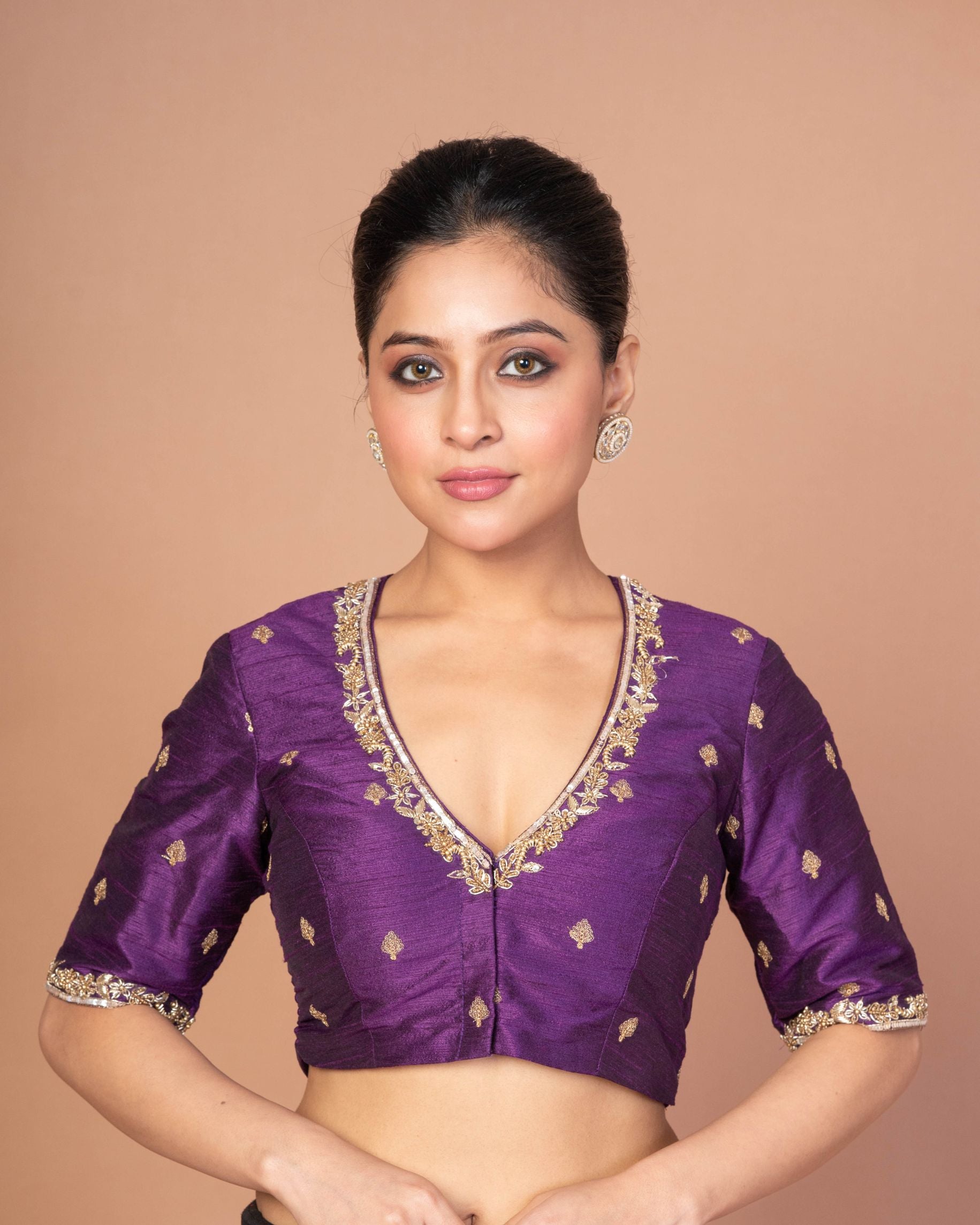 Purple Raw Silk Hand Embroidered Blouse with V Neckline and Elbow Sleeves image 2