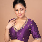 Purple Raw Silk Hand Embroidered Blouse with V Neckline and Elbow Sleeves image 3