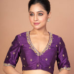 Purple Raw Silk Hand Embroidered Blouse with V Neckline and Elbow Sleeves image 4