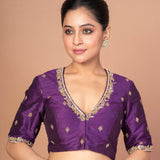 Purple Raw Silk Hand Embroidered Blouse with V Neckline and Elbow Sleeves image 4