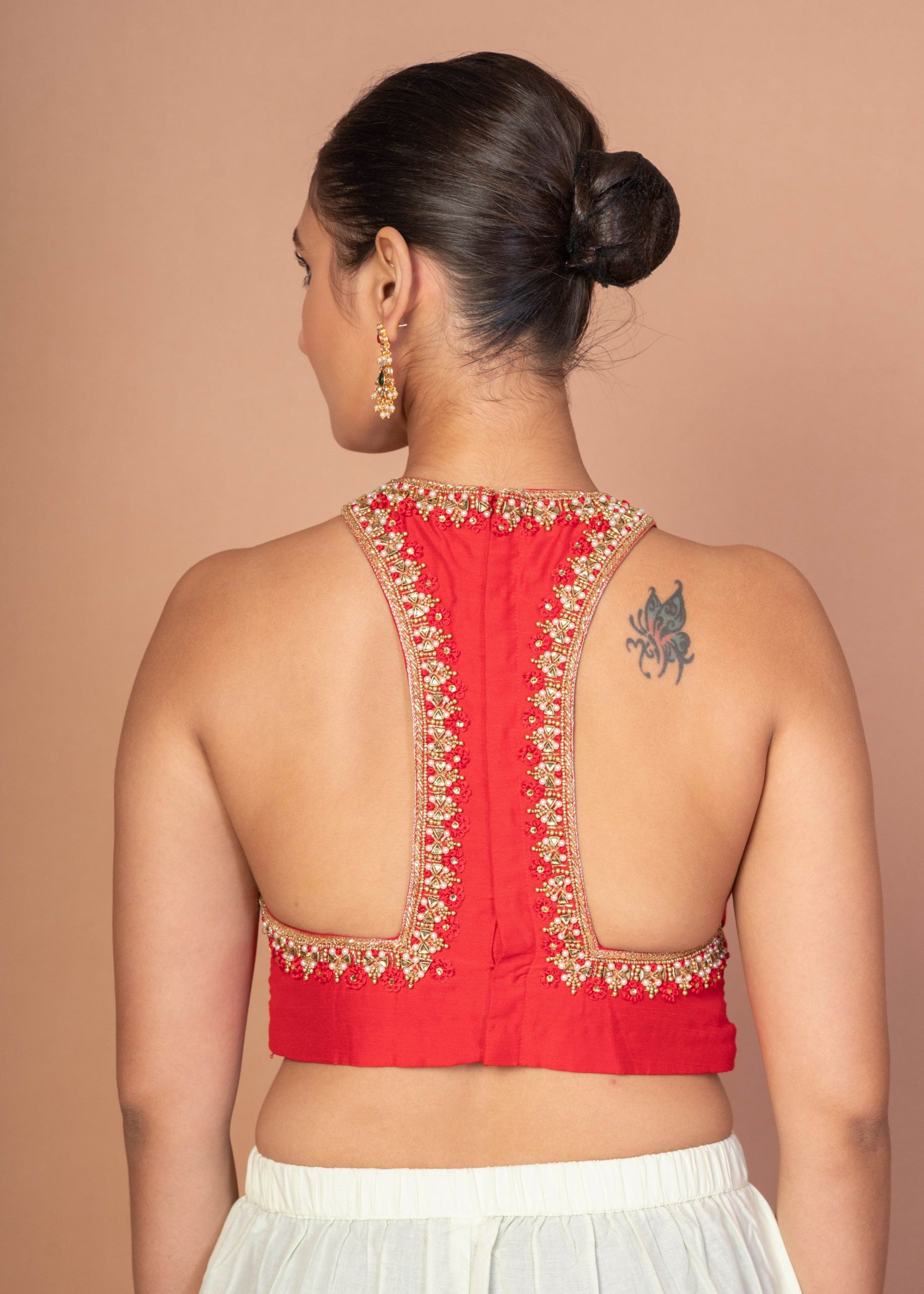 Red Hand Embroidered Blouse with Moderen Front and Back cutout image 4