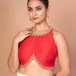 Red Hand Embroidered Blouse with Moderen Front and Back cutout image 2