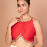 Red Hand Embroidered Blouse with Moderen Front and Back cutout image 2