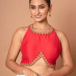 Red Hand Embroidered Blouse with Moderen Front and Back cutout image 3