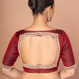 Maroon Hand Embroidered Boat Neck Silk Blouse with Square Back Cutout image 4
