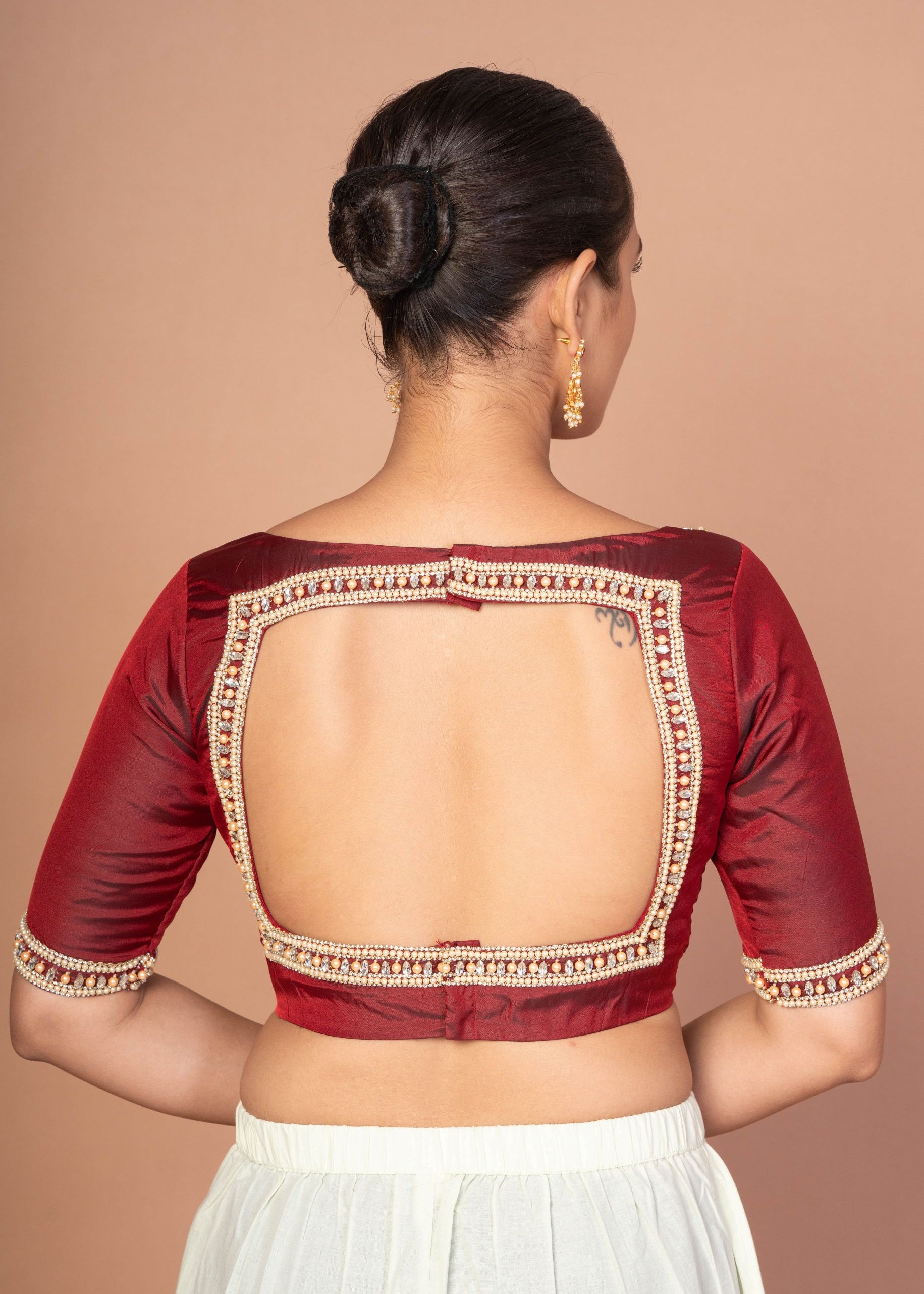 Maroon Hand Embroidered Boat Neck Silk Blouse with Square Back Cutout image 4