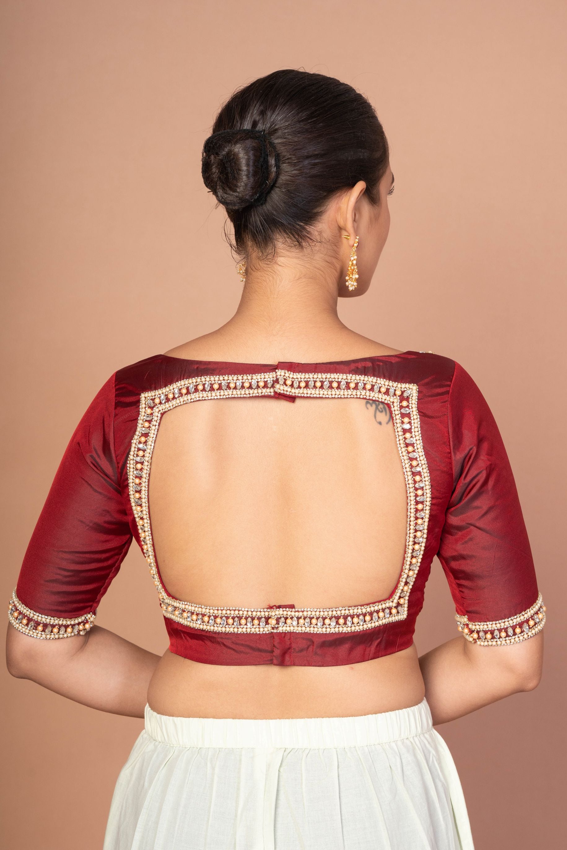 Maroon Hand Embroidered Boat Neck Silk Blouse with Square Back Cutout image 4
