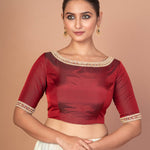 Maroon Hand Embroidered Boat Neck Silk Blouse with Square Back Cutout image 3