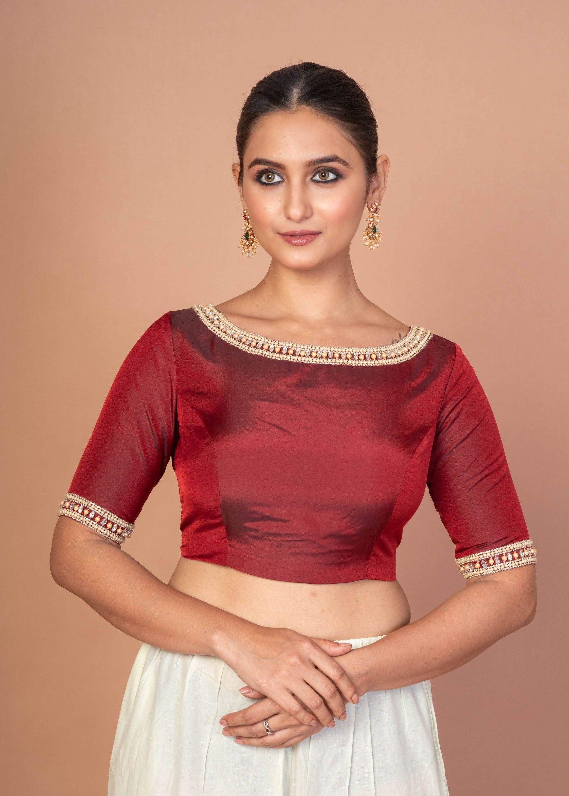 Maroon Hand Embroidered Boat Neck Silk Blouse with Square Back Cutout image 3