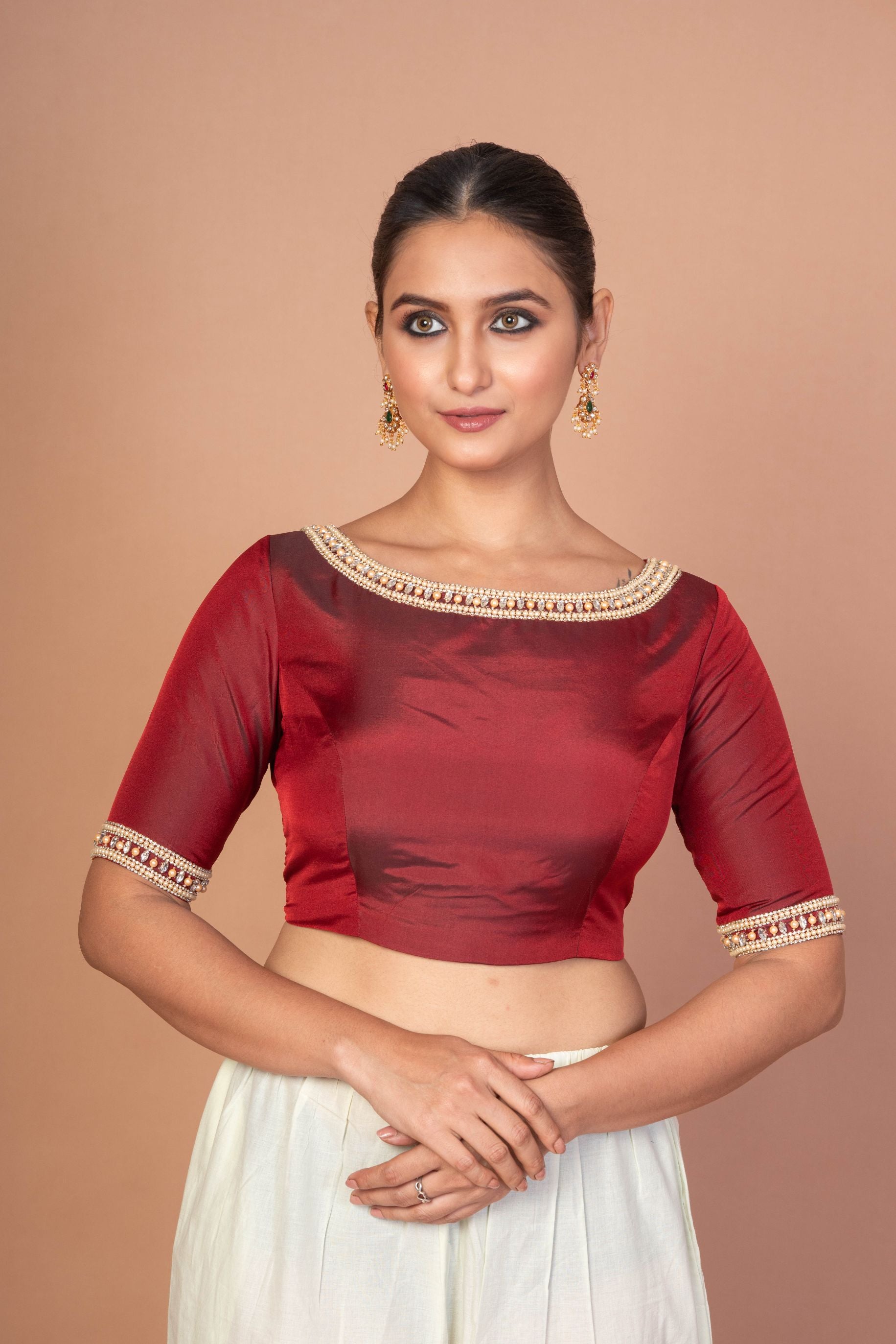 Maroon Hand Embroidered Boat Neck Silk Blouse with Square Back Cutout image 3