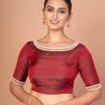 Maroon Hand Embroidered Boat Neck Silk Blouse with Square Back Cutout image 2