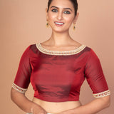 Maroon Hand Embroidered Boat Neck Silk Blouse with Square Back Cutout image 2