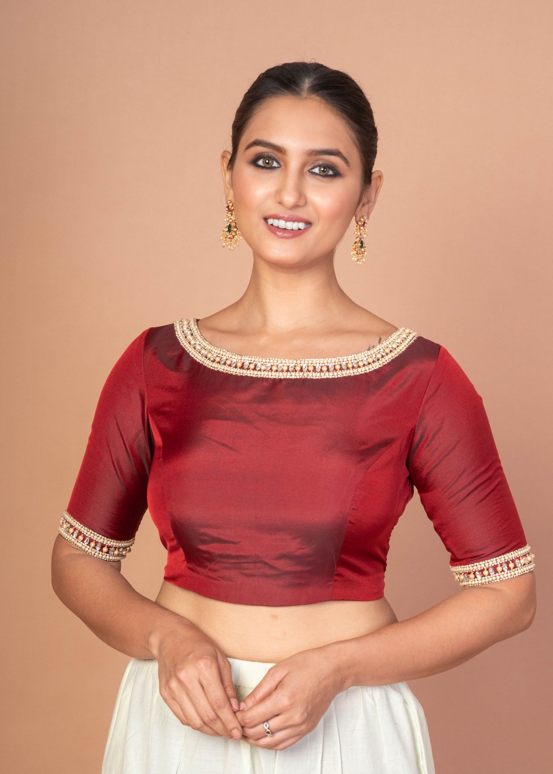 Maroon Hand Embroidered Boat Neck Silk Blouse with Square Back Cutout image 2