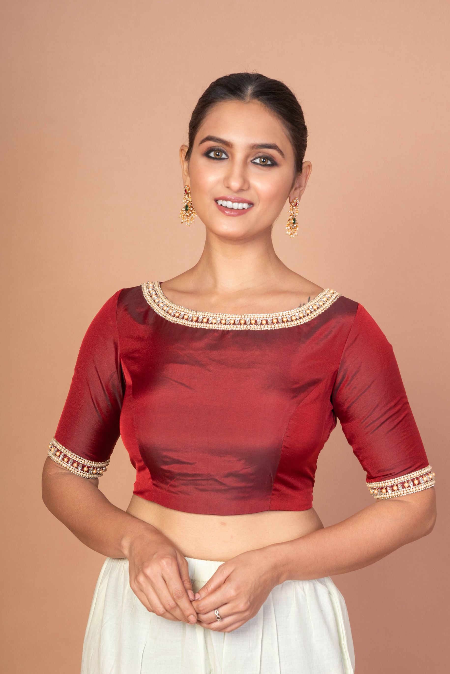 Maroon Hand Embroidered Boat Neck Silk Blouse with Square Back Cutout image 2