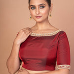 Maroon Hand Embroidered Boat Neck Silk Blouse with Square Back Cutout image 1
