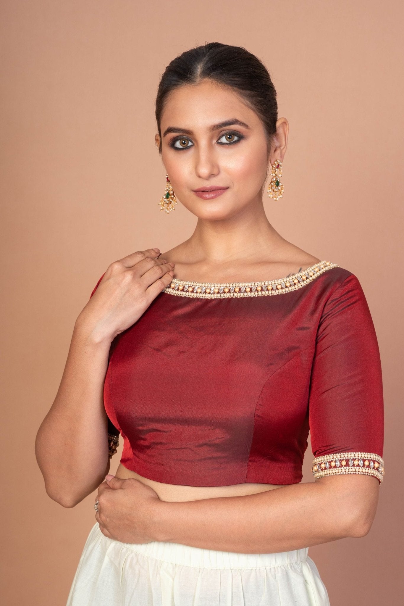 Maroon Hand Embroidered Boat Neck Silk Blouse with Square Back Cutout - Anvi Couture