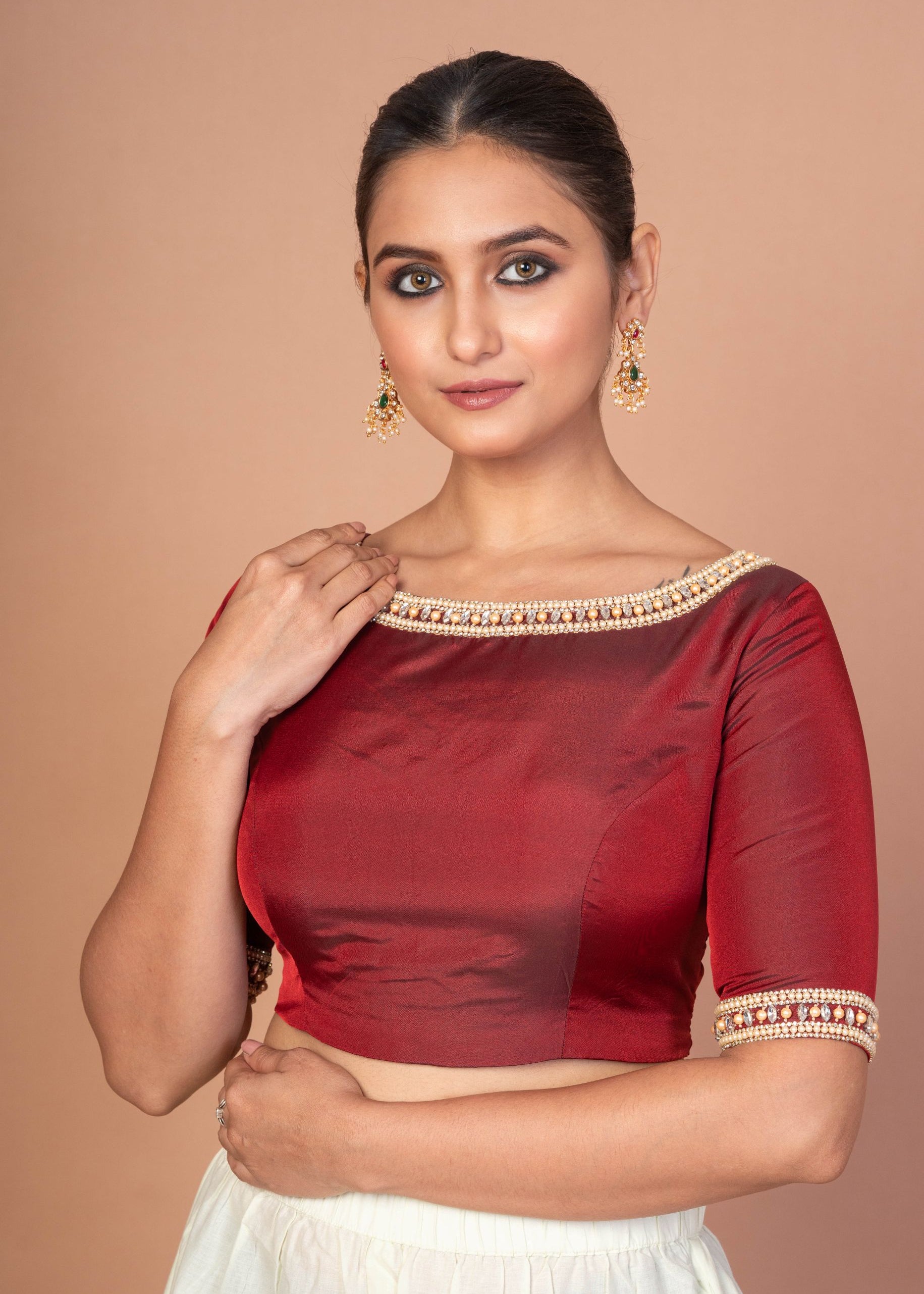 Maroon Hand Embroidered Boat Neck Silk Blouse with Square Back Cutout image 1
