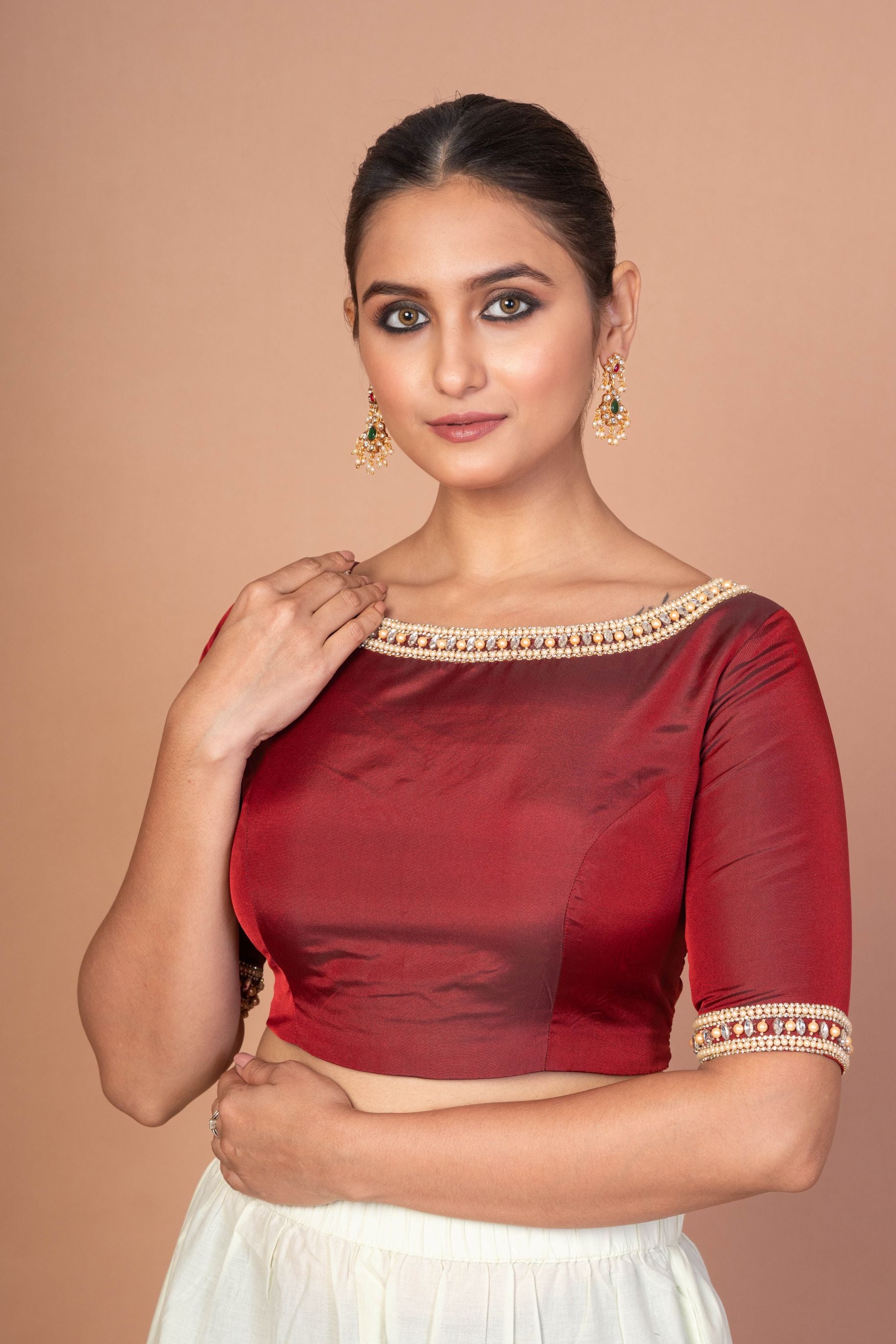 Maroon Hand Embroidered Boat Neck Silk Blouse with Square Back Cutout image 1
