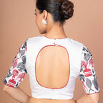 White Printed Cotton Silk Blouse with Elbow Sleeves with Round Back cutout - Anvi Couture