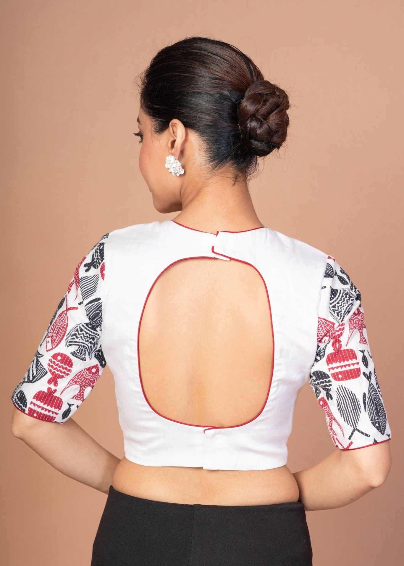 White Printed Cotton Silk Blouse with Elbow Sleeves with Round Back cutout - Anvi Couture