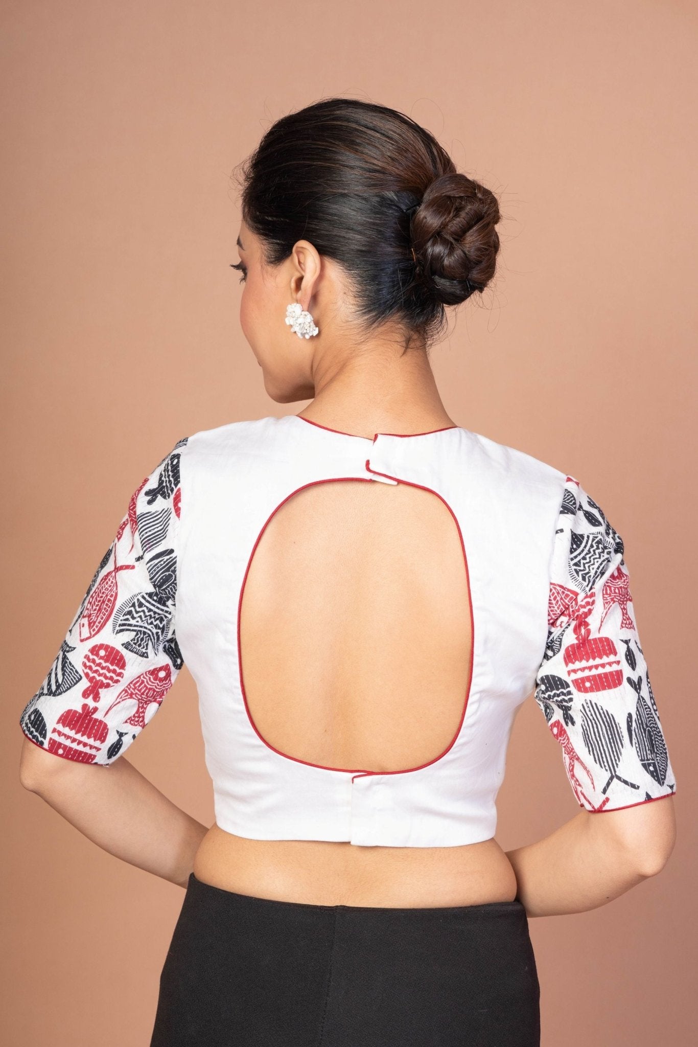 White Printed Cotton Silk Blouse with Elbow Sleeves with Round Back cutout - Anvi Couture