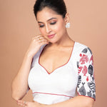 White Printed Cotton Silk Blouse with Elbow Sleeves with Round Back cutout - Anvi Couture