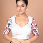 White Printed Cotton Silk Blouse with Elbow Sleeves with Round Back cutout - Anvi Couture