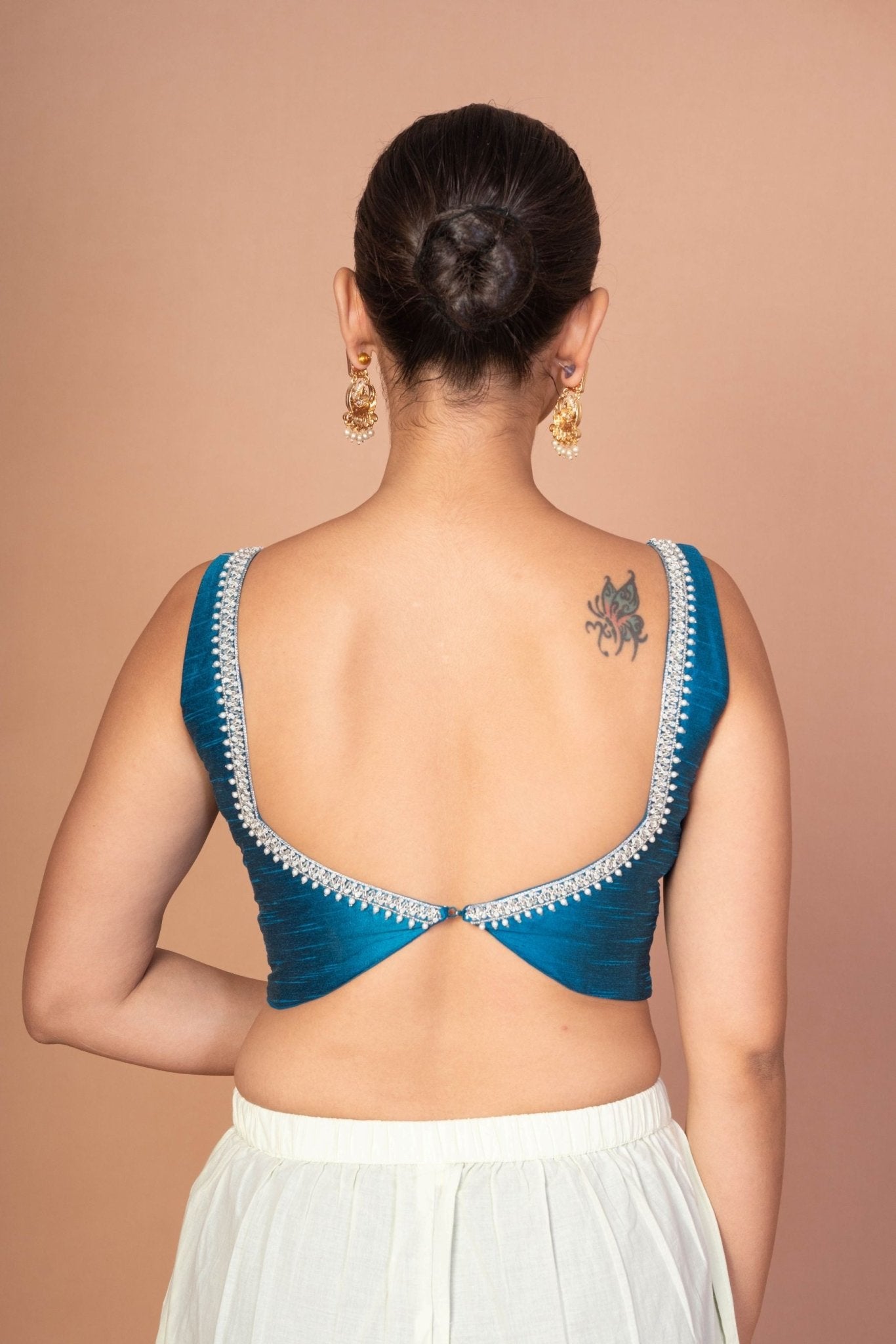 Blue Raw Silk Plunging Sweetheart Neckline With Back Deep Cut - Out - Anvi Couture