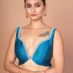  Blue Raw Silk Plunging Sweetheart Neckline With Back Deep Cut-Out image 1
