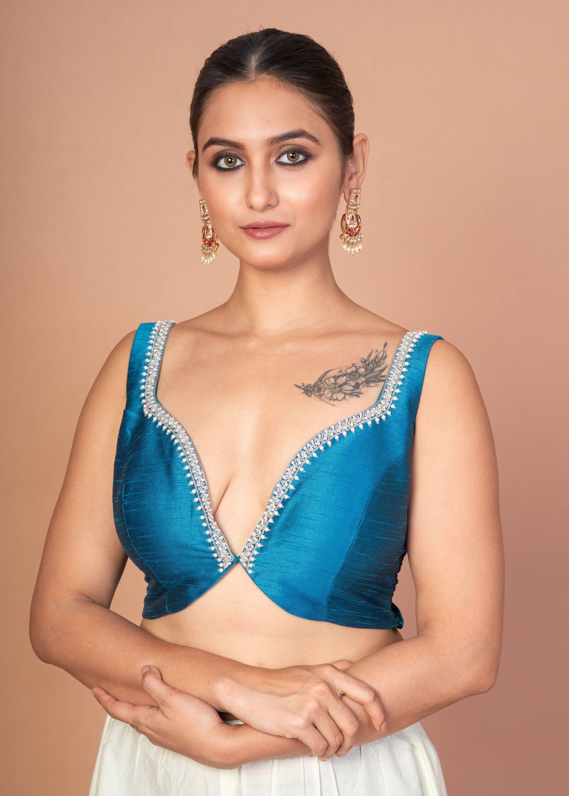  Blue Raw Silk Plunging Sweetheart Neckline With Back Deep Cut-Out image 1