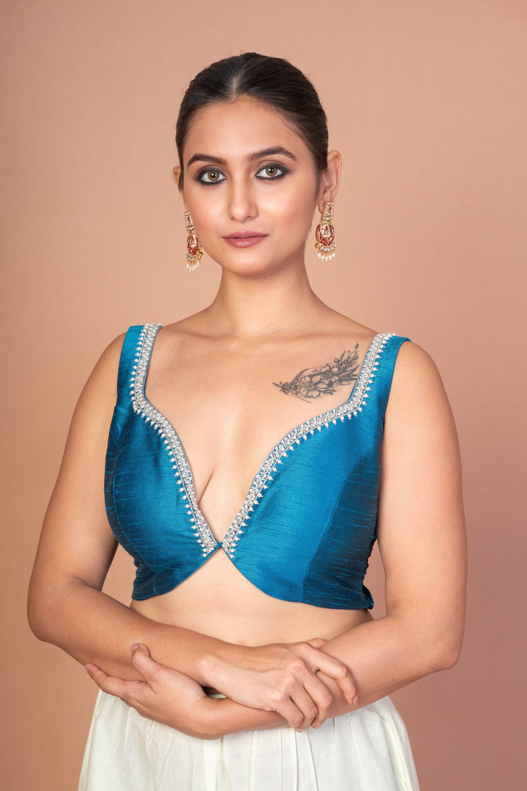  Blue Raw Silk Plunging Sweetheart Neckline With Back Deep Cut-Out image 1