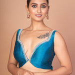  Blue Raw Silk Plunging Sweetheart Neckline With Back Deep Cut-Out image 3