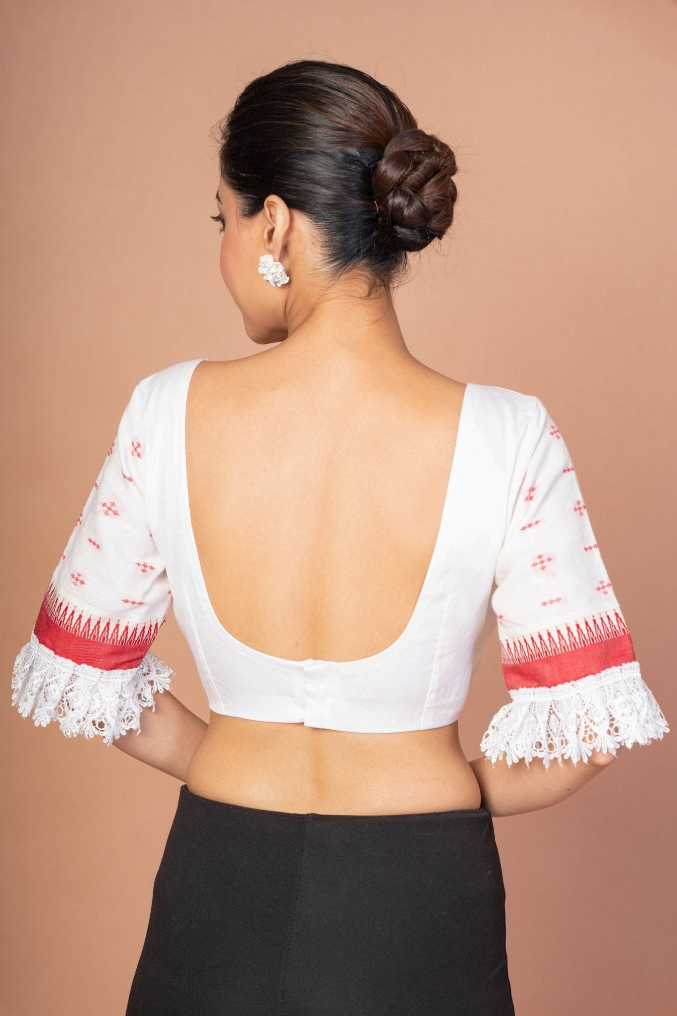 White and Red Jamdani Blouse with Lace Border with Sweet heart Neckline - Anvi Couture