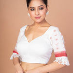 White and Red Jamdani Blouse with Lace Border with Sweet heart Neckline
image 2
