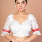 White and Red Jamdani Blouse with Lace Border with Sweet heart Neckline
image 1