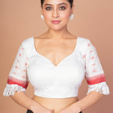 White and Red Jamdani Blouse with Lace Border with Sweet heart Neckline
image 1