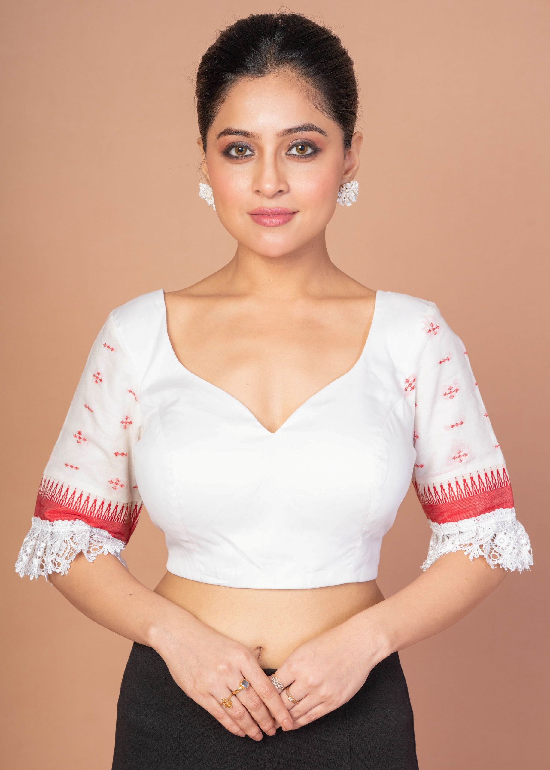 White and Red Jamdani Blouse with Lace Border with Sweet heart Neckline
image 1