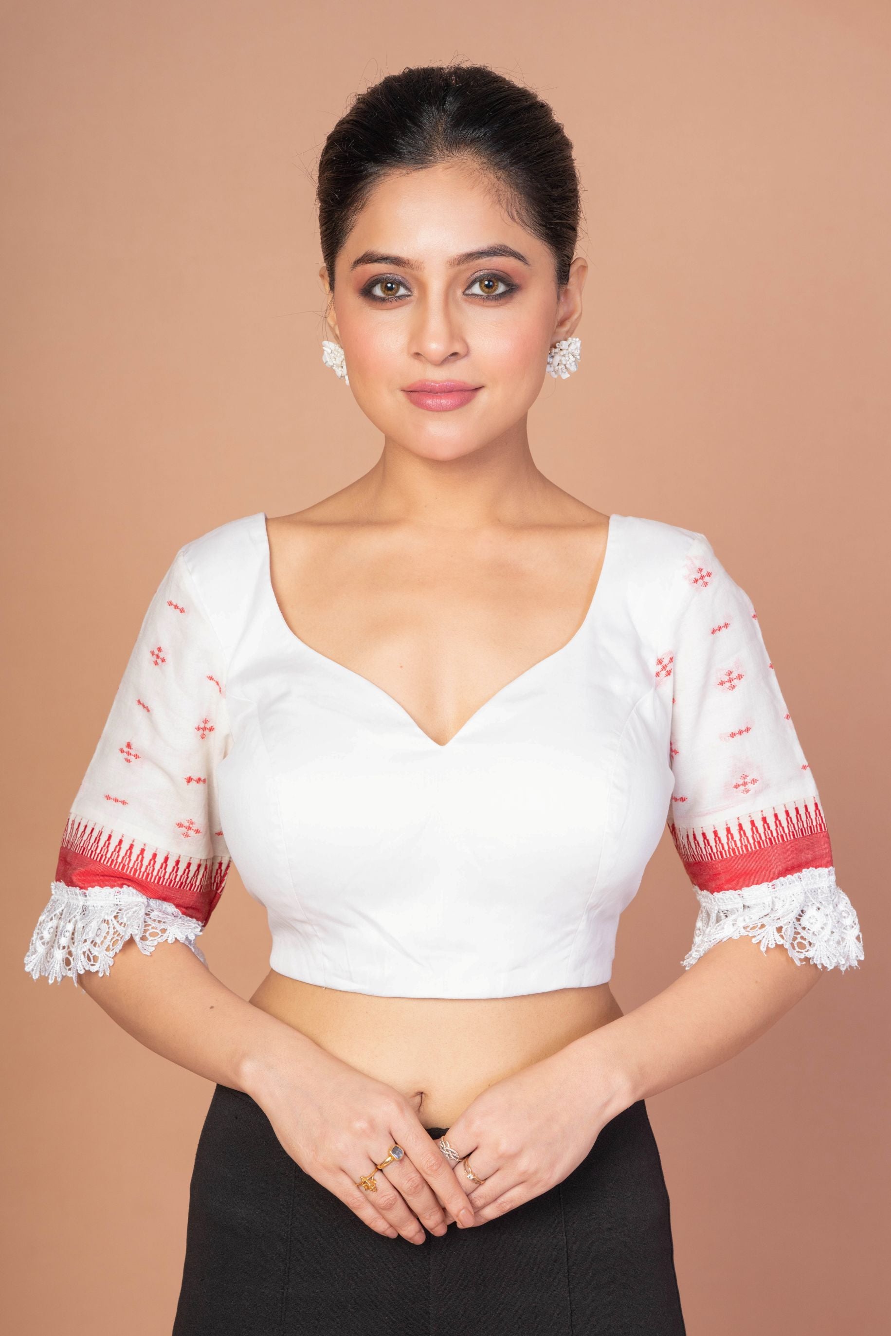 White and Red Jamdani Blouse with Lace Border with Sweet heart Neckline
image 1