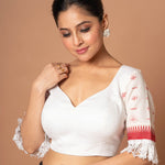 White and Red Jamdani Blouse with Lace Border with Sweet heart Neckline
image 3