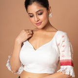 White and Red Jamdani Blouse with Lace Border with Sweet heart Neckline
image 3