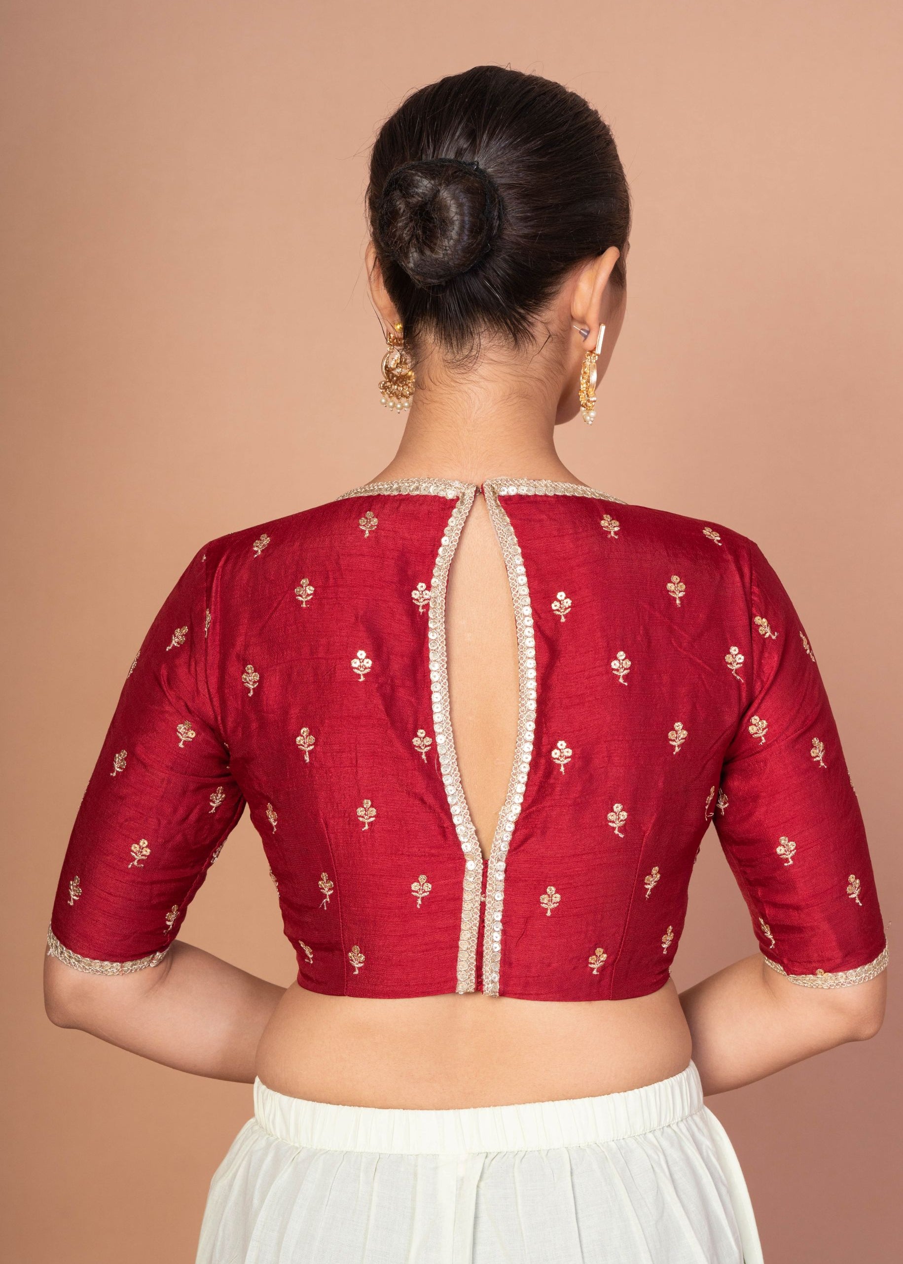 Marron Raw silk floral  Embroidered Boat Neck Blouse with Golden Border
image 4