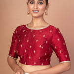 Marron Raw silk floral  Embroidered Boat Neck Blouse with Golden Border
image 2