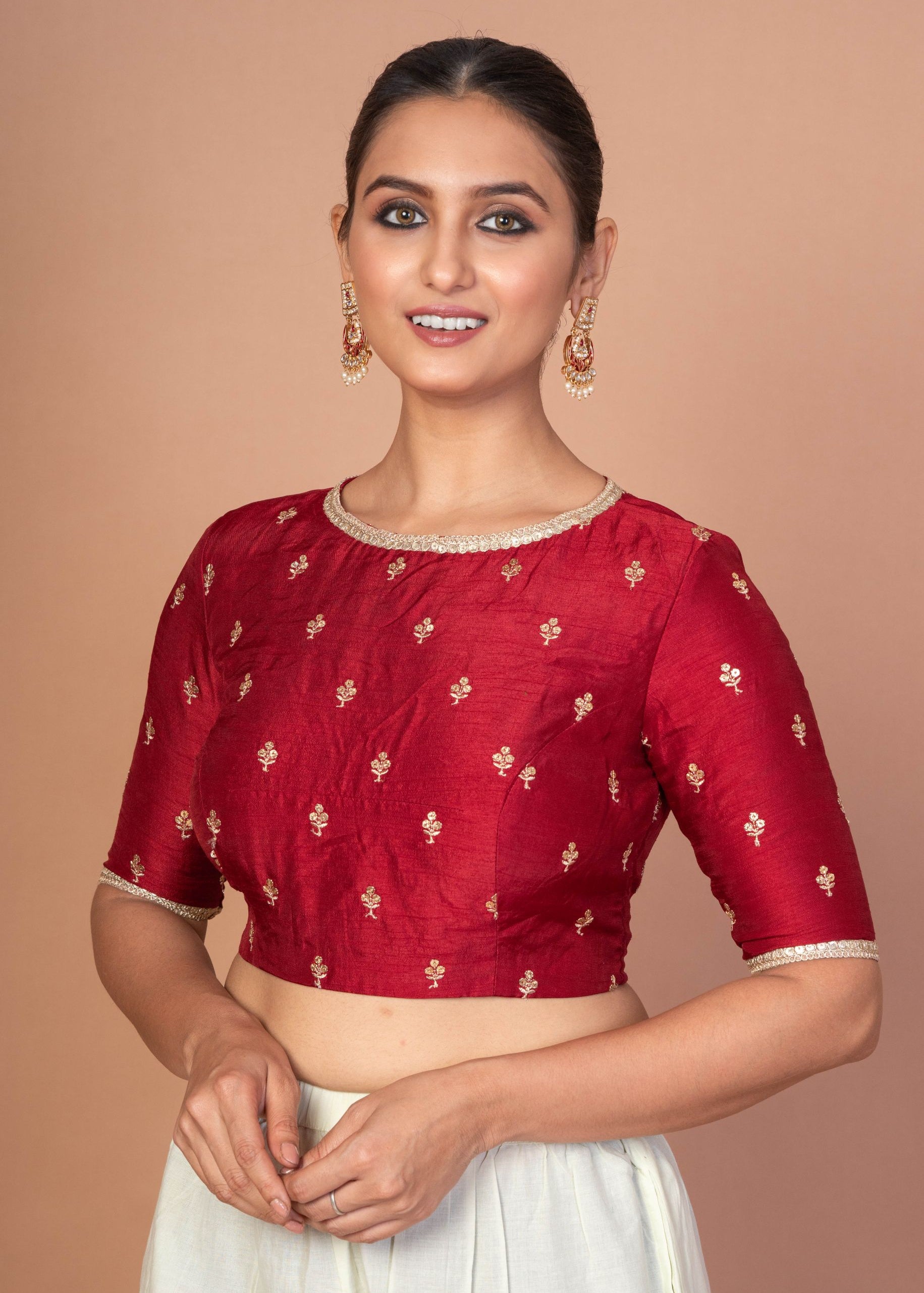 Marron Raw silk floral  Embroidered Boat Neck Blouse with Golden Border
image 2