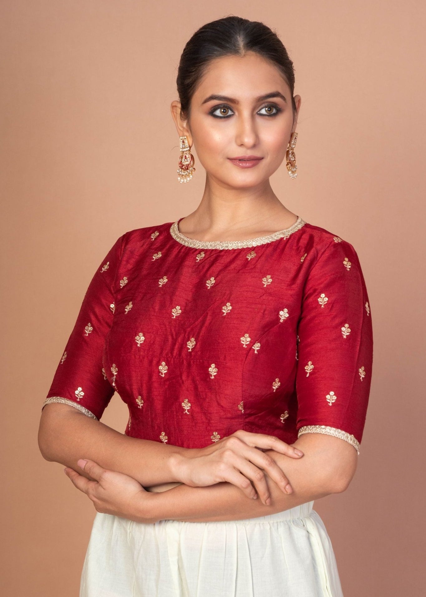 Maroon Raw silk floral Embroidered Boat Neck Blouse with Golden Border - Anvi Couture