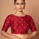 Marron Raw silk floral  Embroidered Boat Neck Blouse with Golden Border
image 1