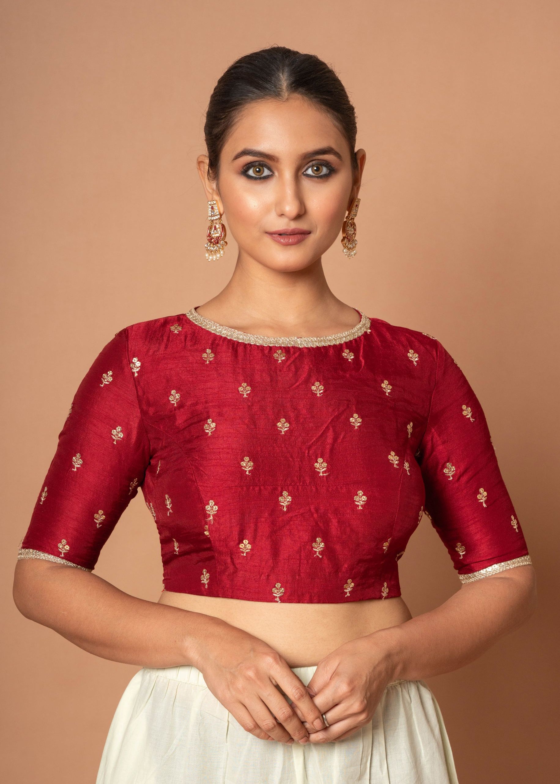 Marron Raw silk floral  Embroidered Boat Neck Blouse with Golden Border
image 1