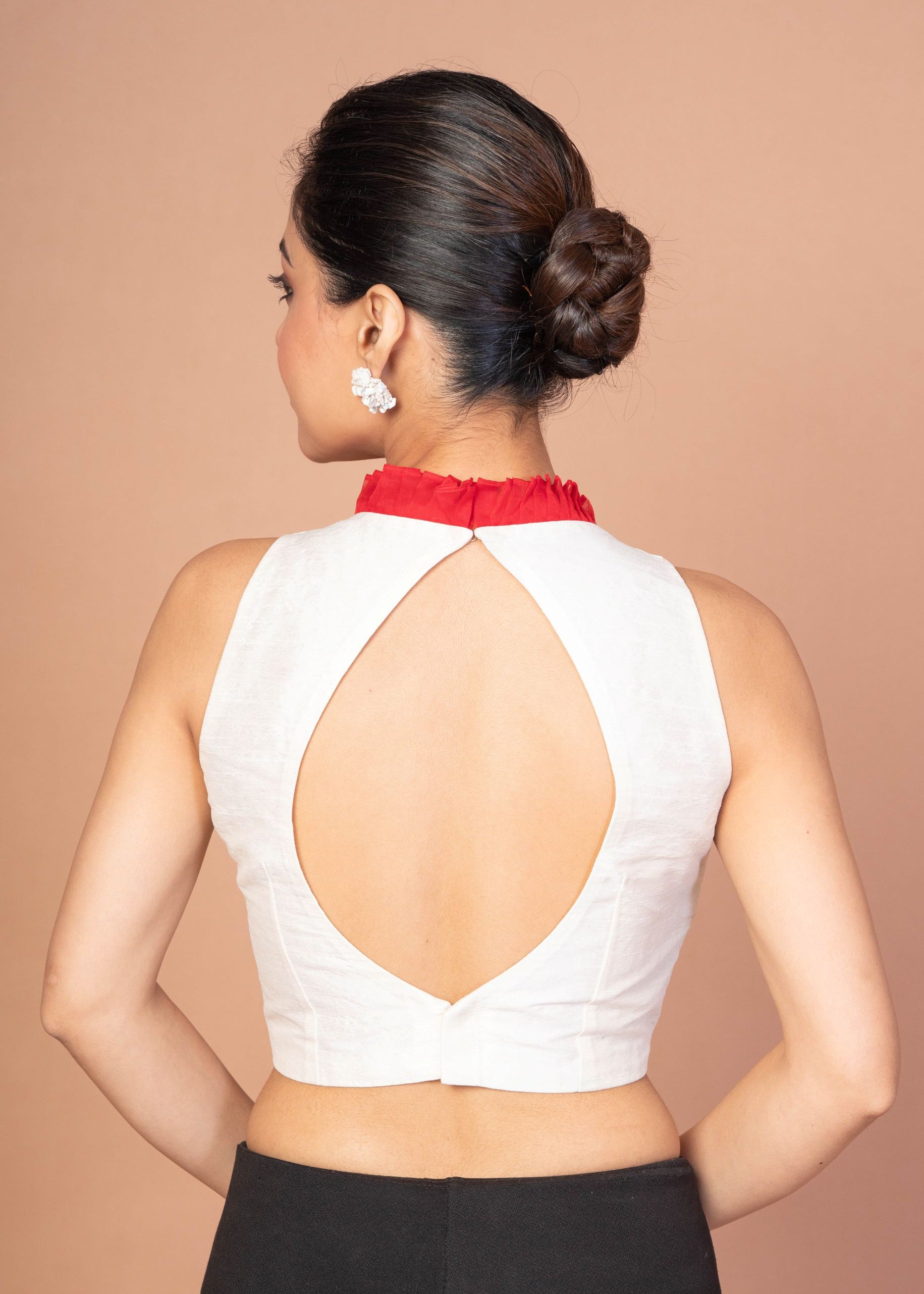 White Raw Silk sleeveless Blouse with Red Ruffle collar image 4