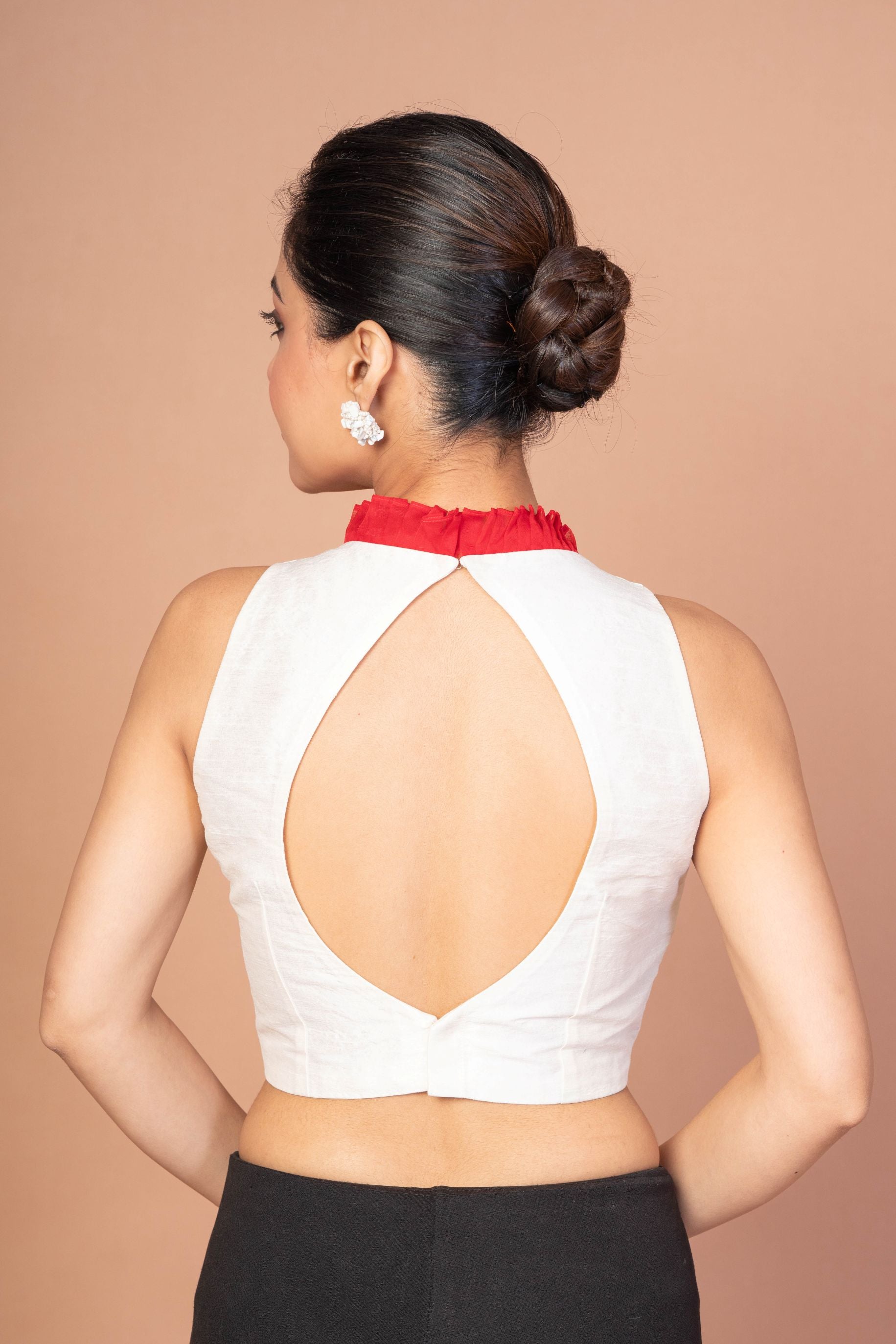 White Raw Silk sleeveless Blouse with Red Ruffle collar image 4