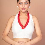 White Raw Silk sleeveless Blouse with Red Ruffle collar image 1
